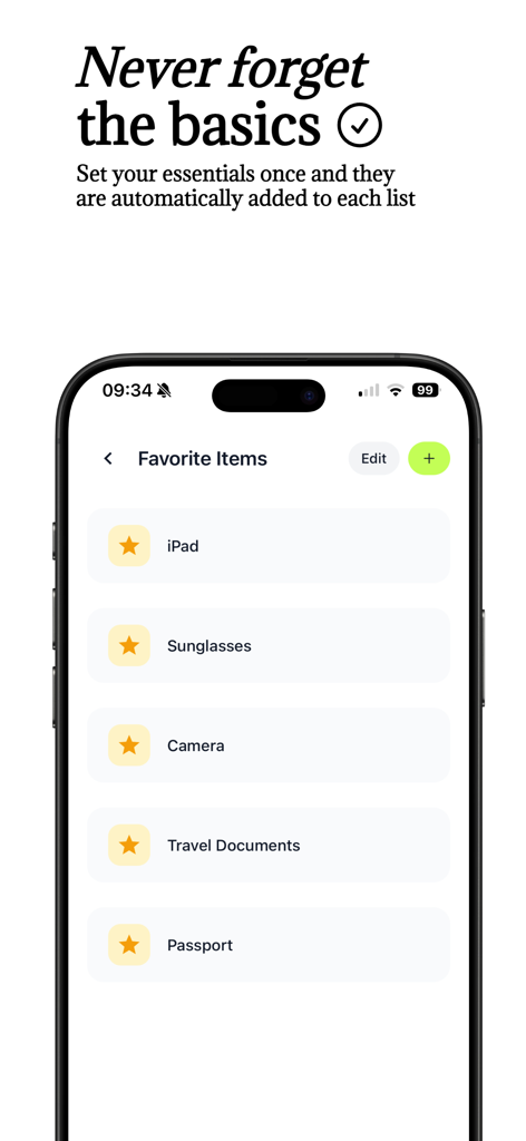 Una lista de artículos esenciales de viaje favoritos como pasaporte y cámara en la aplicación Bagio.