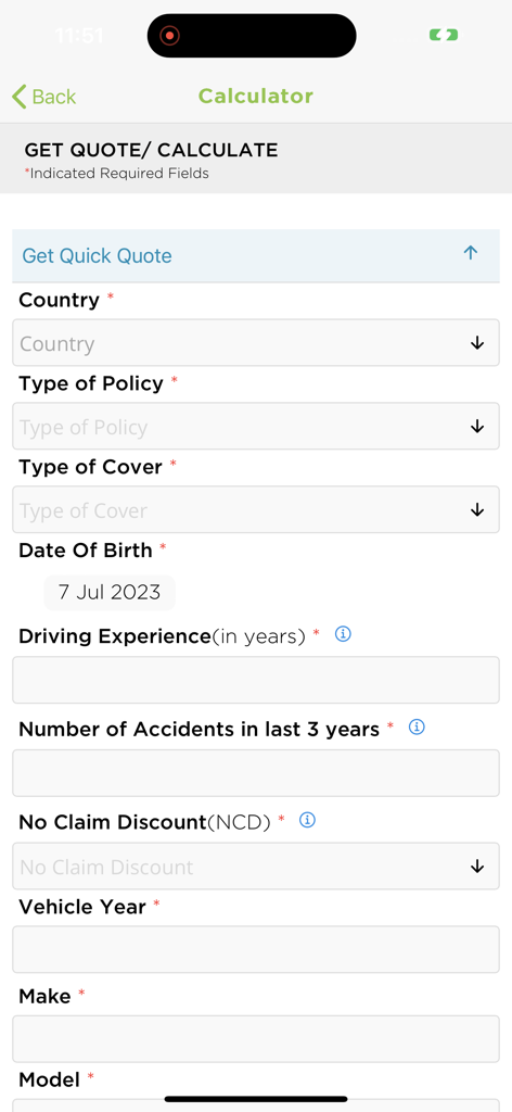 Sagicor Go app insurance quote calculator screen showing fields for driver and vehicle information