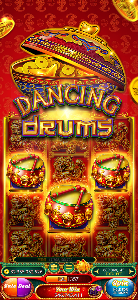 A vibrant screenshot of the Dancing Drums slot game in 88 Fortunes featuring golden coins and traditional red drums on a red and gold background.