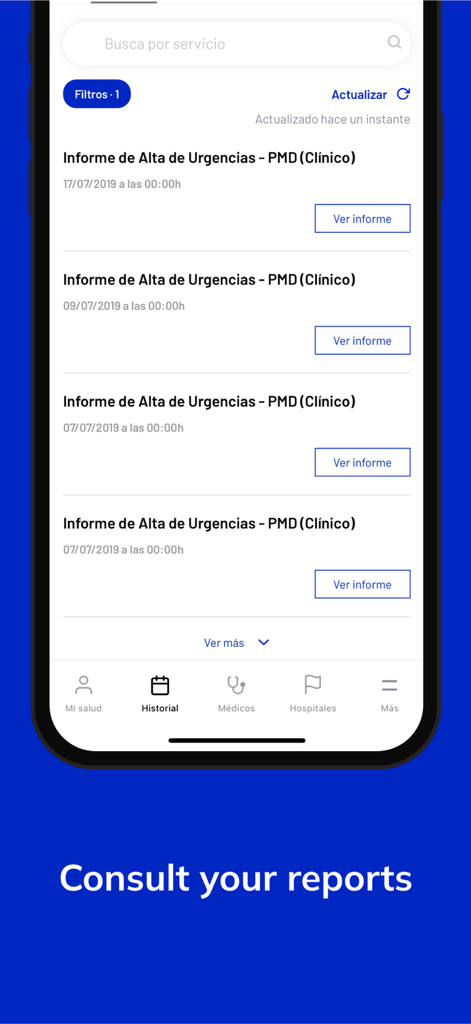 Interface do aplicativo Vithas exibindo relatórios médicos do paciente e lista de histórico
