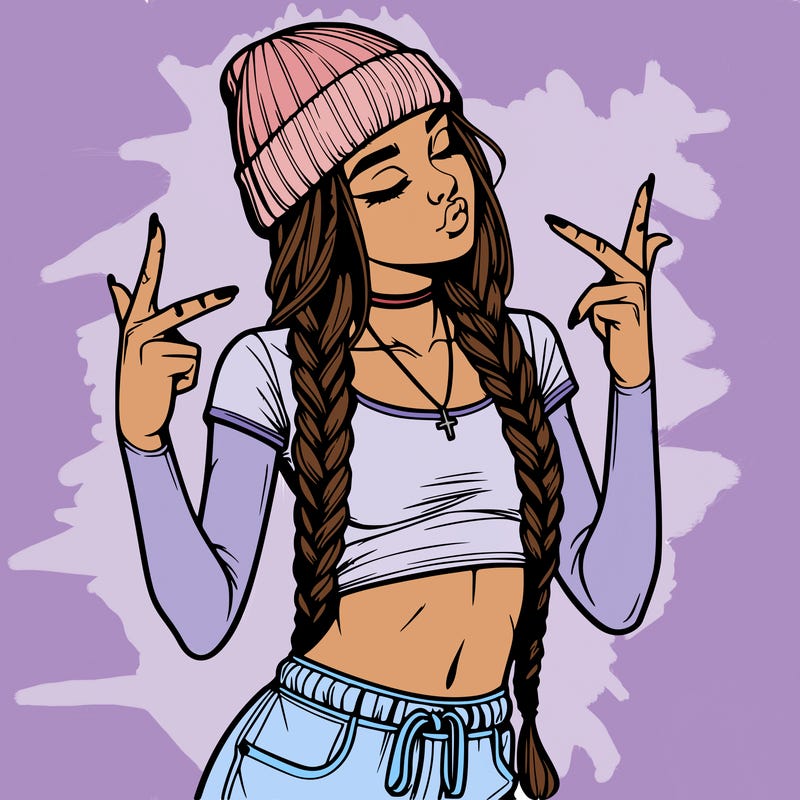 realistic teenage girl with braids and a beanie and crop top doing 🫶🏼