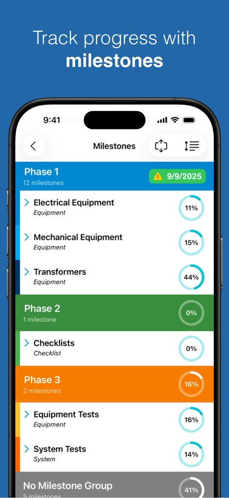 전기 및 기계 장비의 진행률 백분율을 보여주는 건설 프로젝트 마일스톤을 표시하는 모바일 앱 인터페이스