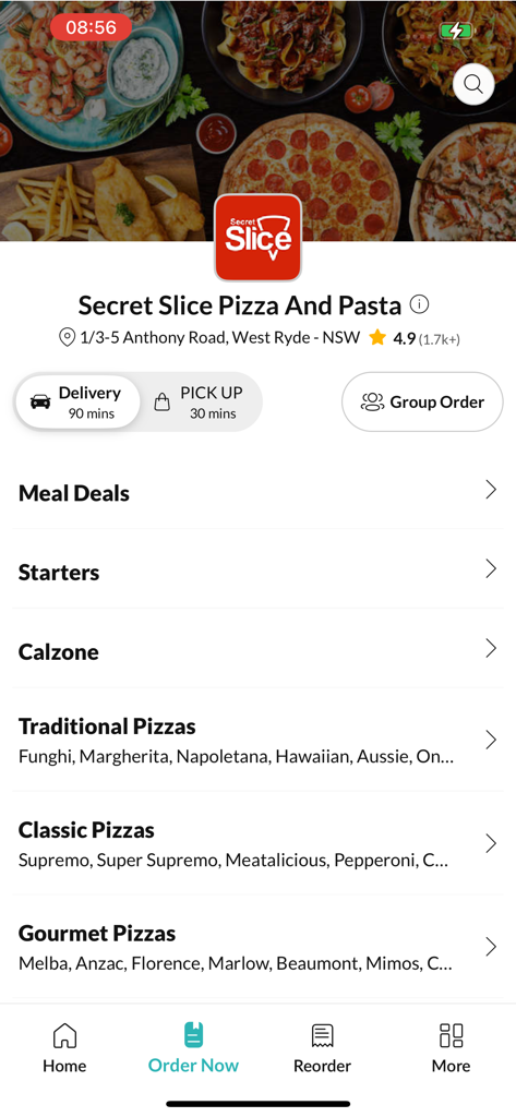 Secret Slice Pizza And Pasta - Secret Slice Pizza and Pasta app interface showing food categories and delivery options