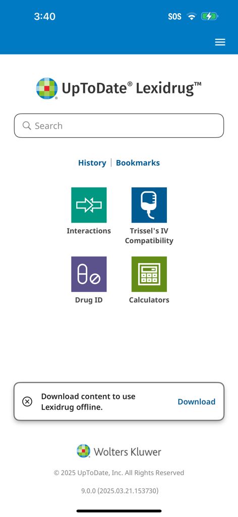 UpToDate Lexidrug mobile app home screen showing search bar and icons for drug interactions IV compatibility drug ID and medical calculators