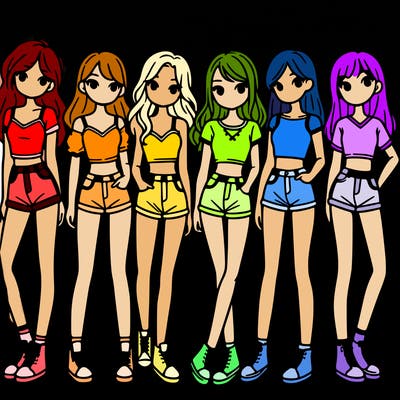 a group of girls wearing crop tops and shorts