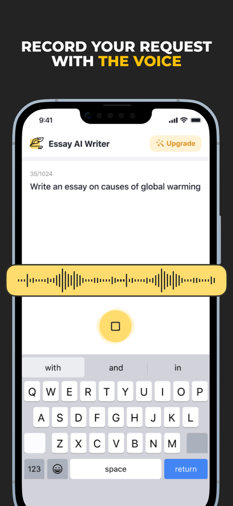 Interface de l'application Friday AI Essay Writing montrant une fonction d'enregistrement vocal pour saisir des sujets de dissertation tels que les causes du réchauffement climatique.