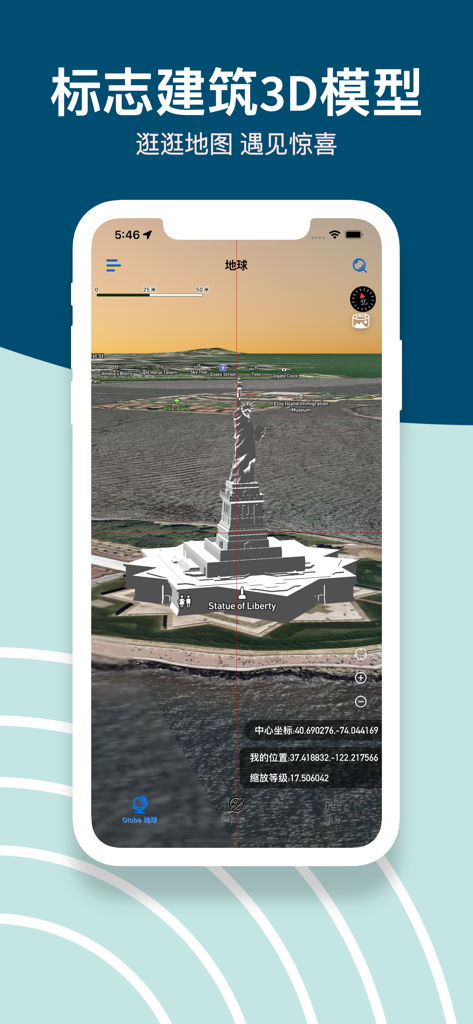 GoGoEarth app screenshot showing a detailed 3D model of the Statue of Liberty on a satellite map