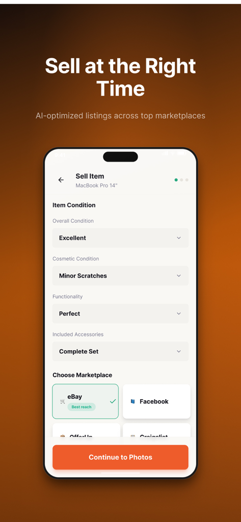 Value Scout - Value Scout mobile app screen showing item condition options and marketplace selection for a MacBook Pro listing