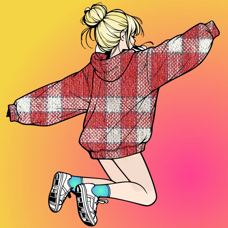 realistic girl jumping with a bun and oversized sweatshirt