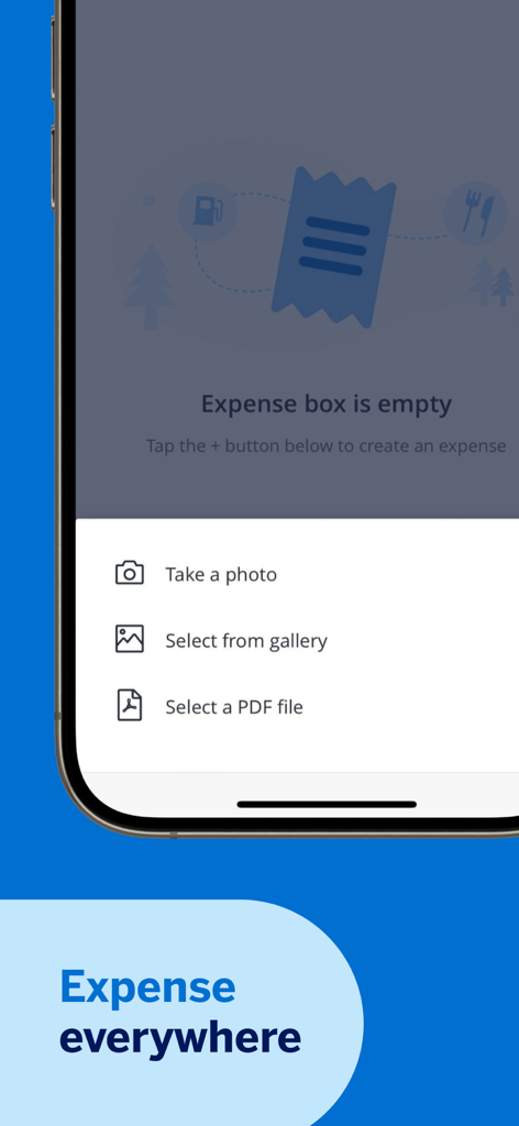 Amex GBT Mobile app screen showing expense management options to upload receipts from photos or PDF files