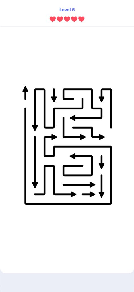 Niveau minimaliste de Arrows Puzzle Escape avec des flèches noires et des icônes de cœur