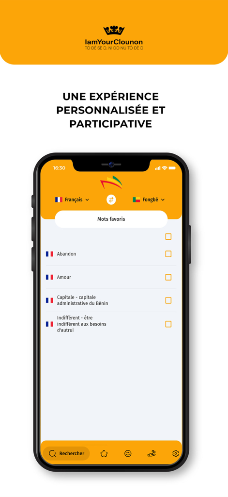 Smartphone exibindo a lista de palavras favoritas no aplicativo Dico des Langues Beninoises, mostrando traduções do francês para Fongbe.