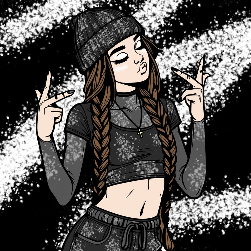 realistic teenage girl with braids and a beanie and crop top doing 🫶🏼