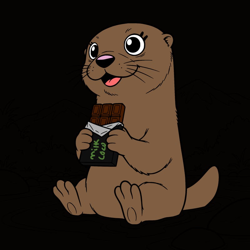 otter with a chocolate bar in his hands and his eyes facing the opposite direction and  is sitting in the river