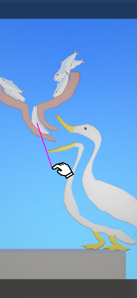 Eating Simulator: Physics Food - A player uses a hand cursor to drag fish into the open mouth of a white bird in Eating Simulator Physics Food