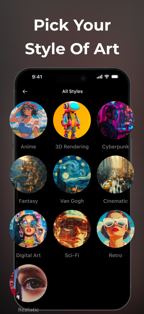 VidnoAi mobile App-Bildschirm, der eine Vielzahl von KI-Videokunststilen anzeigt, darunter Anime, Cyberpunk und Cinematic