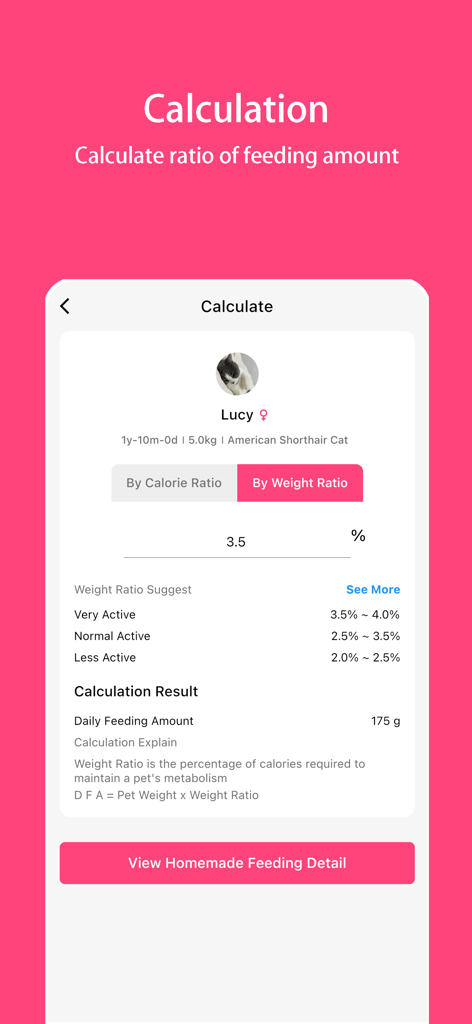 Pet Diary - Record Pet’s Life - 猫の毎日の食事と栄養体重比を管理するためのペットの給餌量計算ツールのインターフェース。