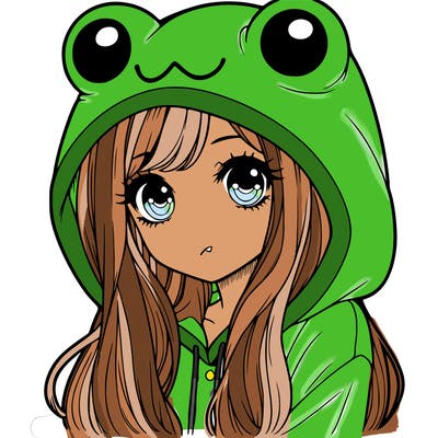 a pretty girl wearing a frog hoodie portrait with long hair