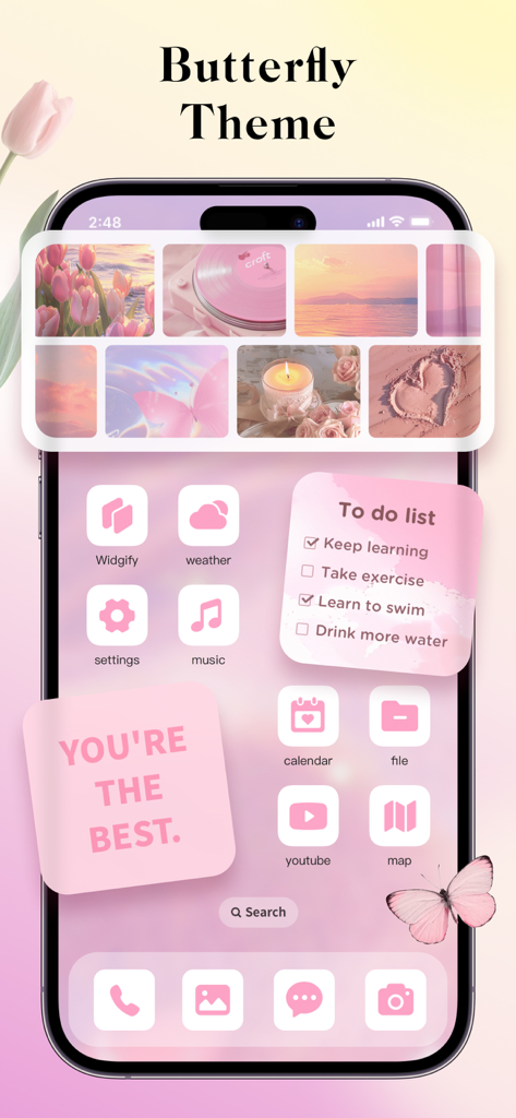 Widgify app butterfly theme home screen with pink aesthetic widgets and icons on an iPhone