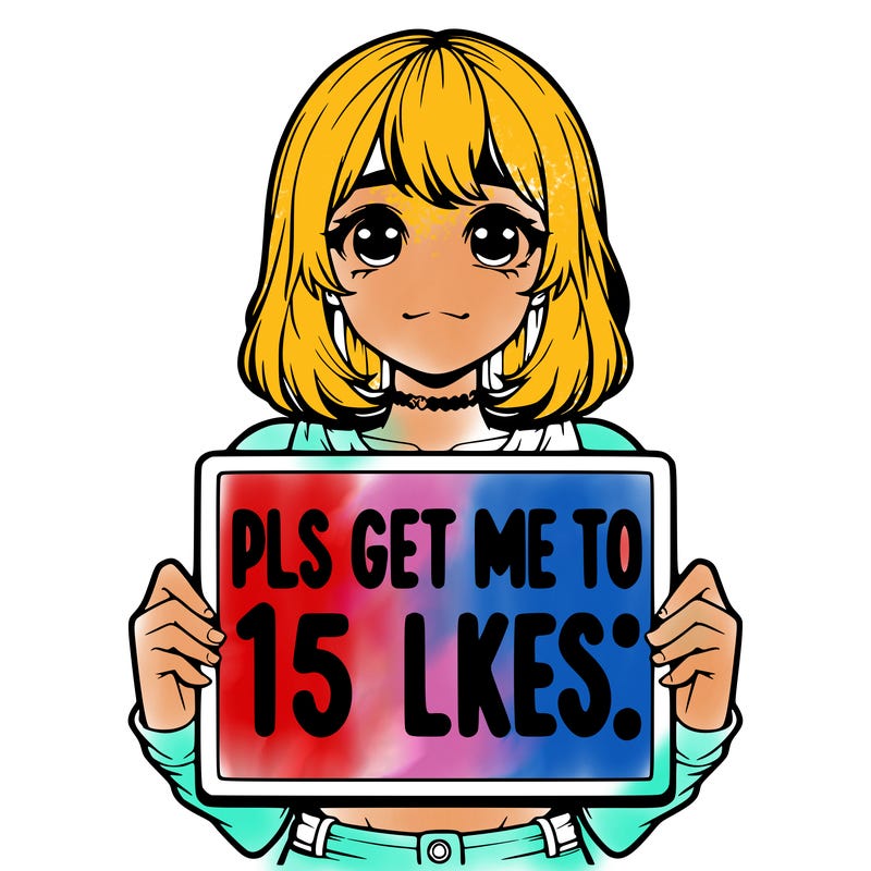 realistic girl holding up a sign that says “pls get me to 15 likes!”