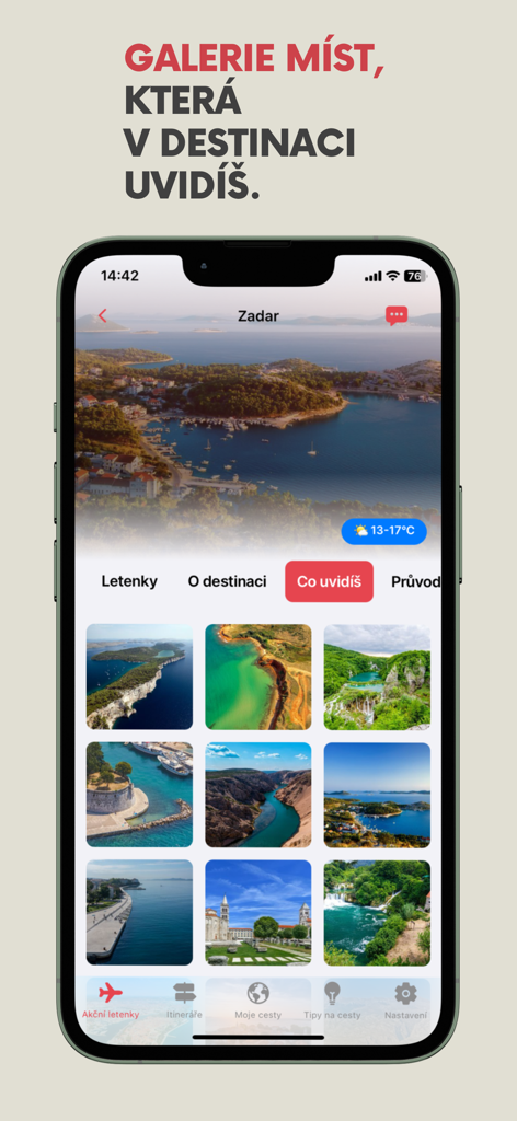 FlyAway: levné letenky, cesty - FlyAway app interface showing a scenic photo gallery of Zadar destination highlights