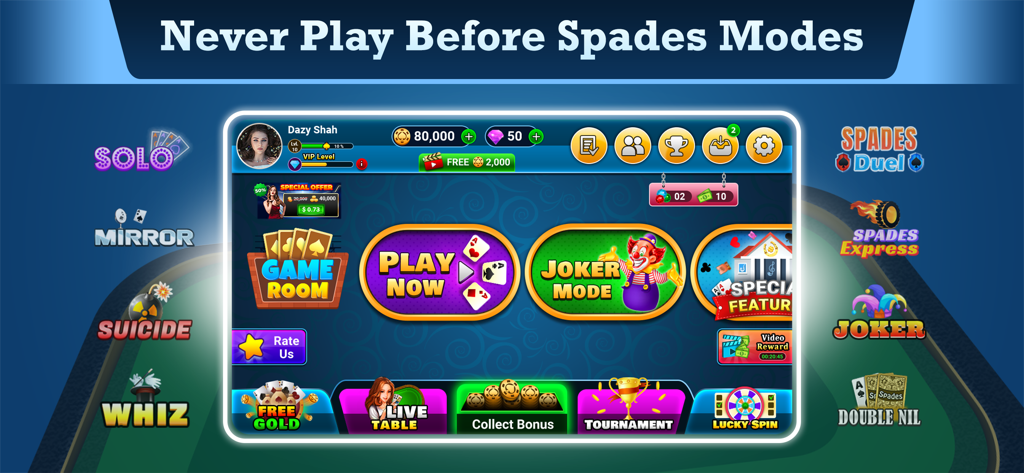 Spades King: Classic Card Game - Main menu screen of Spades King app showing various gameplay modes like Joker and Solo with a colorful interface.
