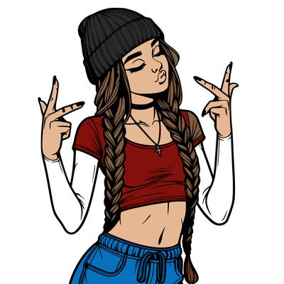 realistic teenage girl with braids and a beanie and crop top doing 🫶🏼