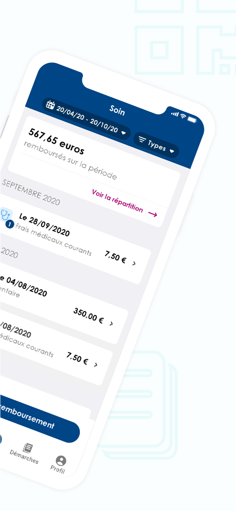 Diot by Hélium - Interface de l'application mobile Diot by Helium montrant un résumé et une liste détaillée des remboursements de soins de santé.