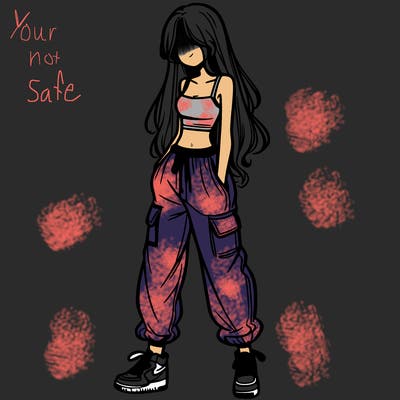 girl in baggy pants crop top and long hair