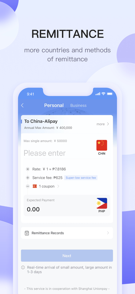 JuanCash-ZYBI Tech - JuanCash mobile app screen showing international money transfer options from China to the Philippines