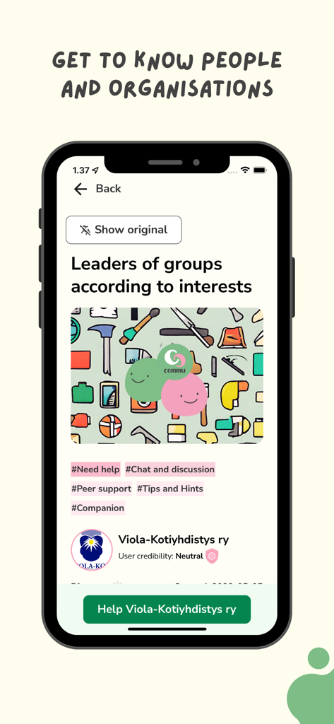Commu - Commu app interface showing a community organization profile and interest tags for local help.