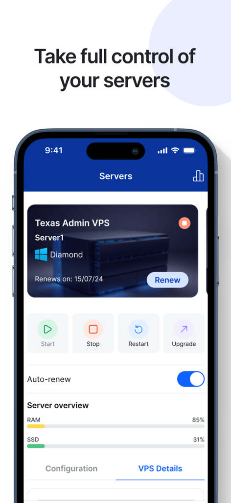 Interfaz de la aplicación GoldenRDP para administrar servidores VPS y monitorear recursos del sistema como el uso de RAM y SSD.