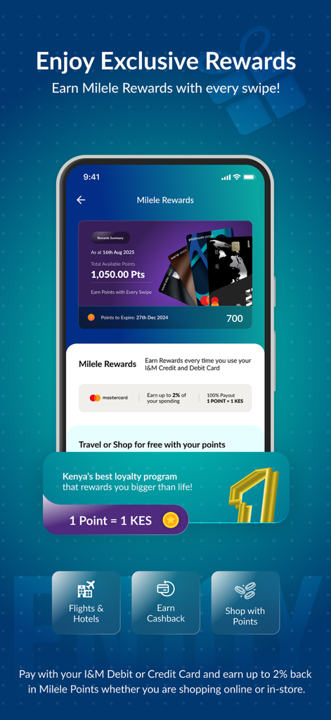 I&M OTG Personal KE - Milele Rewards-Oberfläche in der IM OTG Personal KE App mit Anzeige des Punktestands und der Einlösemöglichkeiten