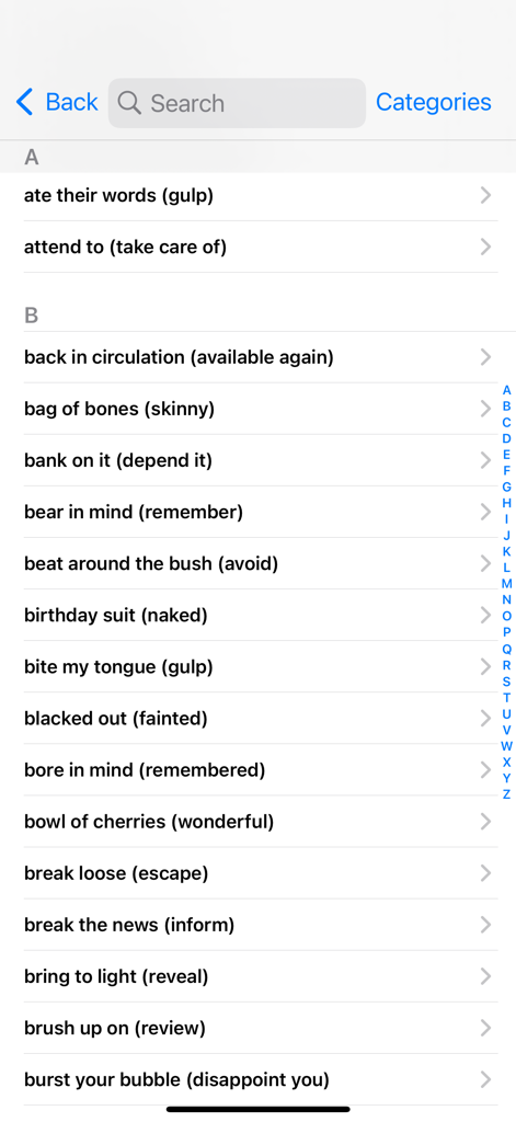 ASL Dictionary - ASL Dictionary app interface displaying a searchable list of English idioms and their literal meanings for sign language translation