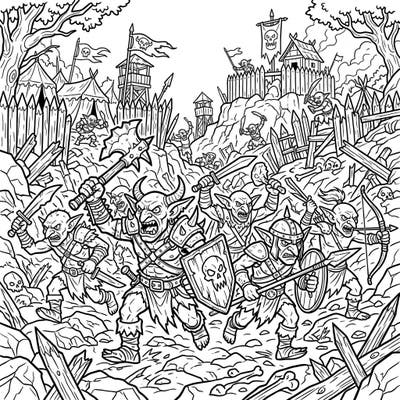 Prepare for an adventure with this dynamic full-scene coloring page featuring a horde of ferocious Goblin Warriors. Immerse yourself in a fantasy battle as you bring this detailed landscape and its chaotic inhabitants to life with your favorite colors.