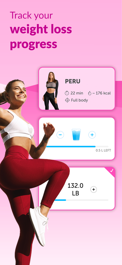FitHer app interface showing workout summaries water intake and weight loss tracking