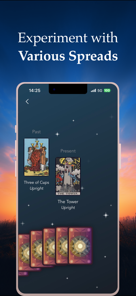 Tela de telefone móvel mostrando o aplicativo Witch AI Tarot com um recurso de tiragem de cartas do Passado e Presente