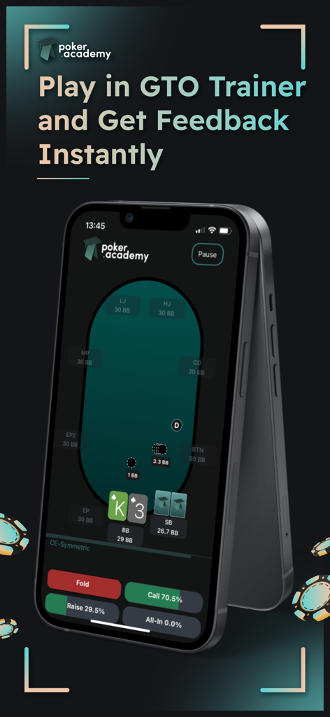 Poker Academy app screen showing GTO trainer with real time strategy feedback and move percentages