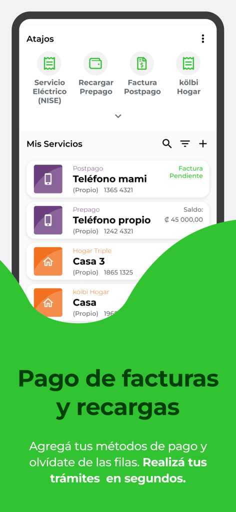 Interface de l'application mi kolbi montrant des raccourcis pour le paiement des factures et les recharges de téléphone