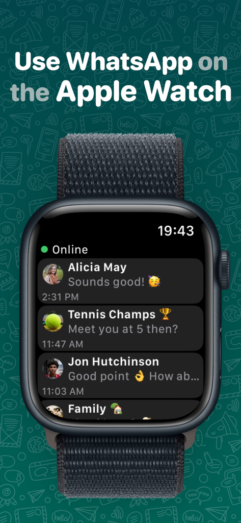 WatchChat 2アプリがApple Watchの画面にWhatsAppチャット会話のリストを表示している様子