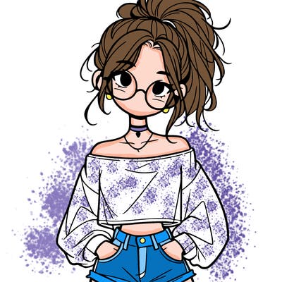 girl with a messy ponytail glasses a baggy crop top and jean shorts