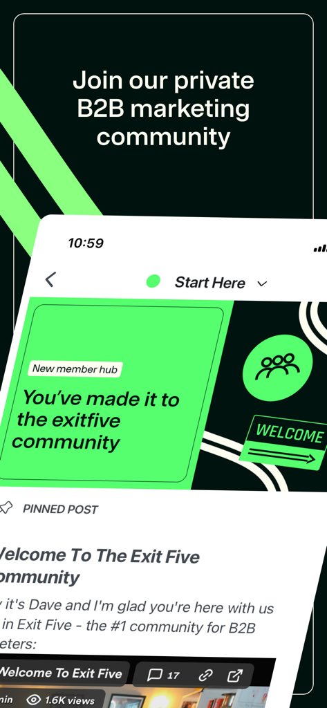 Exit Five - Welcome screen for the Exit Five private B2B marketing community app
