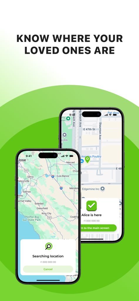 Family Locator GPS Virtual Map - Dos teléfonos inteligentes mostrando la aplicación Localizador Familiar GPS Mapa Virtual con seguimiento de ubicación en tiempo real y alertas de destino.