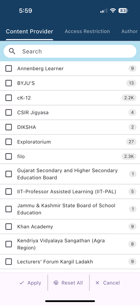 National Digital Library India - Eine Liste von Anbietern von Bildungsinhalten in der National Digital Library India App mit Such- und Filteroptionen