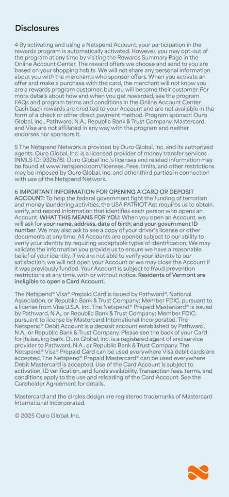 Legal disclosures and account terms screen for the Netspend mobile app