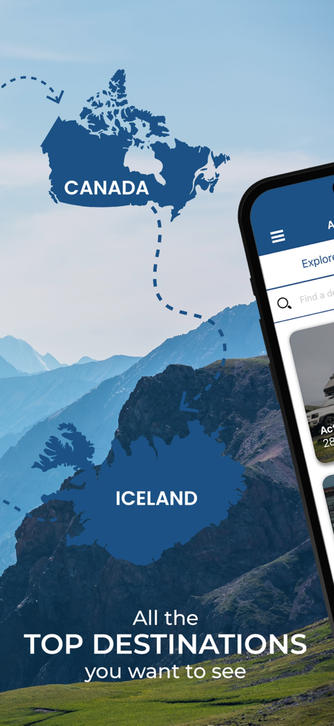 Action Tour Guide app displaying global travel destinations like Canada and Iceland