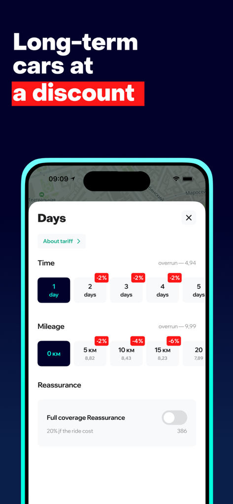 A mobile interface from the Delimobil app showing car rental options for multiple days with time and mileage discounts