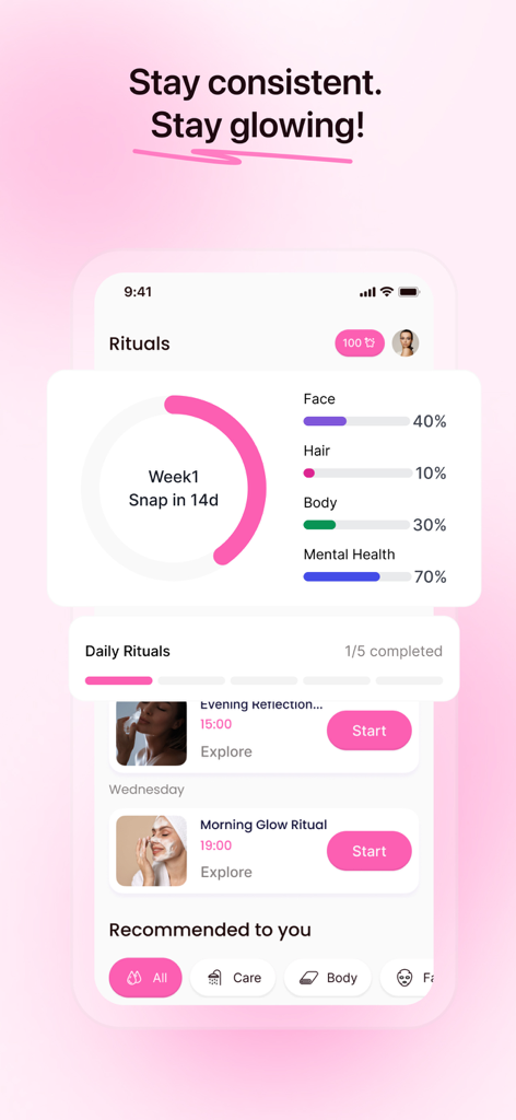 Solvi: Skincare Club - Solvi app dashboard showing skincare ritual progress and daily habits tracking