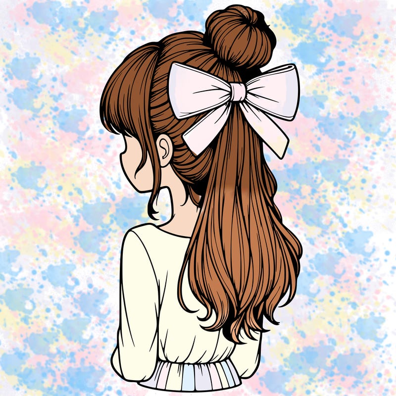 realistic girl  with hip length hair a bun and a big bow on the back of head