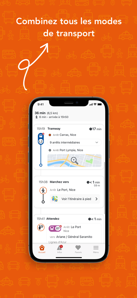 Lignes d’Azur Mobileアプリ。ニースのトラムとバスの接続を含む公共交通機関の旅程が表示されています。